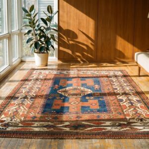 Blue Ground Tribal Geometric Figural Pattern Antique Caucasian Kazak Rug (SKU 18639) - room view