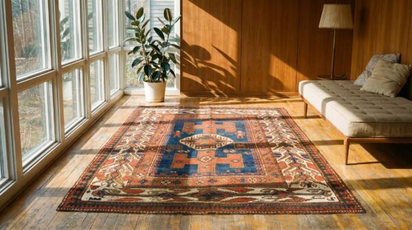 Blue ground tribal geometric figural pattern antique caucasian kazak rug 5 Blue ground tribal geometric figural pattern antique caucasian kazak rug (sku 18639) - room view