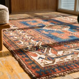 Blue Ground Tribal Geometric Figural Pattern Antique Caucasian Kazak Rug (SKU 18639) - in-room detail