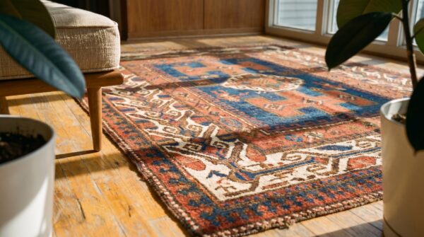 Blue ground tribal geometric figural pattern antique caucasian kazak rug 6 Blue ground tribal geometric figural pattern antique caucasian kazak rug (sku 18639) - in-room detail