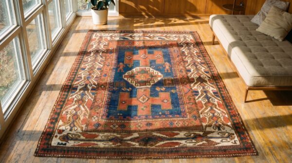 Blue ground tribal geometric figural pattern antique caucasian kazak rug 2 Blue ground tribal geometric figural pattern antique caucasian kazak rug (sku 18639) - styled overhead view