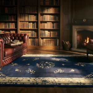 Wool Blue Ivory Beige Cream White Antique Hand Knotted Pile 1920s Rectangle Rug (SKU 24607) - room view