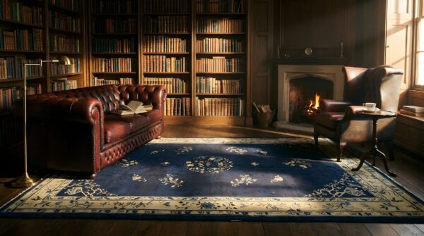 Wool blue ivory beige cream white antique hand knotted pile 1920s rectangle rug (sku 24607) - room view