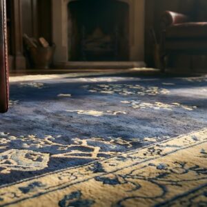 Wool Blue Ivory Beige Cream White Antique Hand Knotted Pile 1920s Rectangle Rug (SKU 24607) - in-room detail