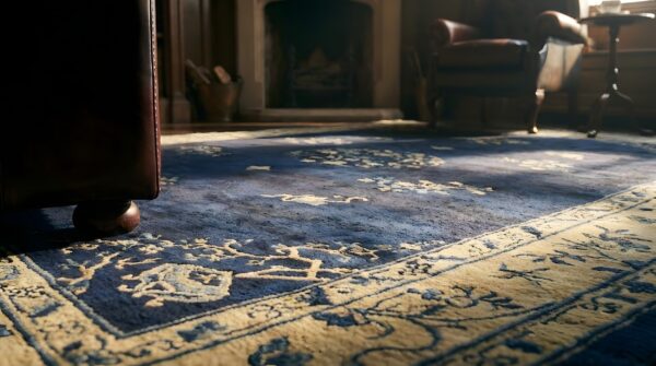 Wool blue ivory beige cream white antique hand knotted pile 1920s rectangle rug (sku 24607) - in-room detail