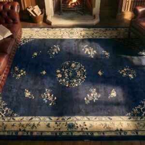 Wool Blue Ivory Beige Cream White Antique Hand Knotted Pile 1920s Rectangle Rug (SKU 24607) - styled overhead view