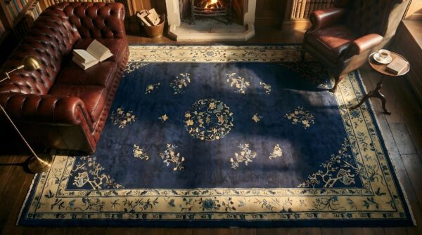 Wool blue ivory beige cream white antique hand knotted pile 1920s rectangle rug (sku 24607) - styled overhead view