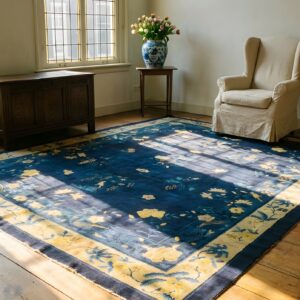 Blue Ivory Beige Cream White 1920s Hand Knotted Pile Rectangle Wool Antique Rug (SKU 24610) - room view