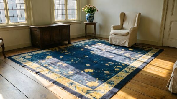 Blue ivory beige cream white 1920s hand knotted pile rectangle wool antique rug 10 Blue ivory beige cream white 1920s hand knotted pile rectangle wool antique rug (sku 24610) - room view
