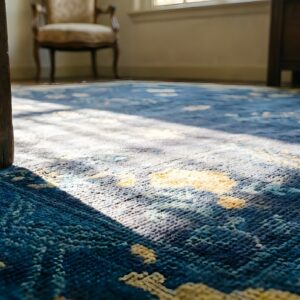 Blue Ivory Beige Cream White 1920s Hand Knotted Pile Rectangle Wool Antique Rug (SKU 24610) - in-room detail