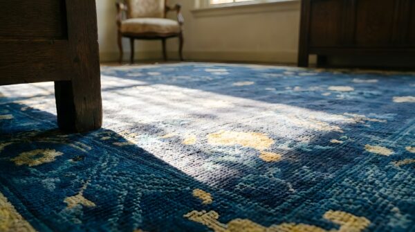 Blue ivory beige cream white 1920s hand knotted pile rectangle wool antique rug 11 Blue ivory beige cream white 1920s hand knotted pile rectangle wool antique rug (sku 24610) - in-room detail