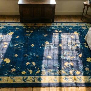Blue Ivory Beige Cream White 1920s Hand Knotted Pile Rectangle Wool Antique Rug (SKU 24610) - styled overhead view
