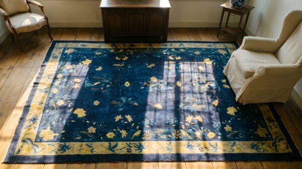 Blue ivory beige cream white 1920s hand knotted pile rectangle wool antique rug 2 Blue ivory beige cream white 1920s hand knotted pile rectangle wool antique rug (sku 24610) - styled overhead view