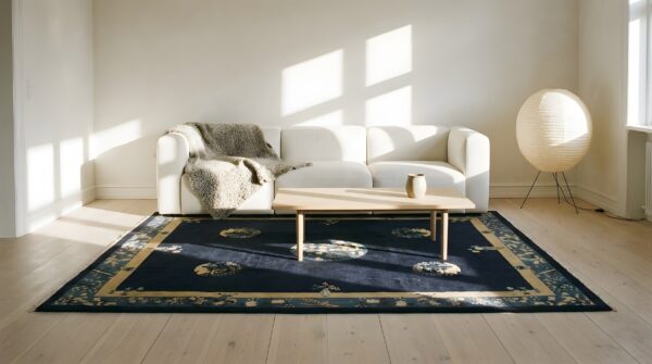 Blue ivory beige cream white hand knotted pile wool 1920s antique rectangle rug (sku 24715) - room view