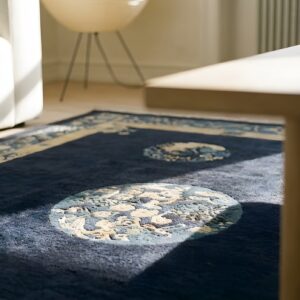 Blue Ivory Beige Cream White Hand Knotted Pile Wool 1920s Antique Rectangle Rug (SKU 24715) - in-room detail