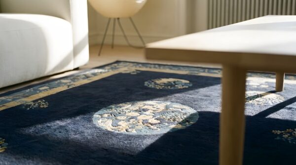 Blue ivory beige cream white hand knotted pile wool 1920s antique rectangle rug (sku 24715) - in-room detail