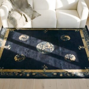 Blue Ivory Beige Cream White Hand Knotted Pile Wool 1920s Antique Rectangle Rug (SKU 24715) - styled overhead view