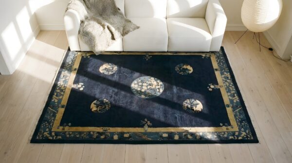 Blue ivory beige cream white hand knotted pile wool 1920s antique rectangle rug (sku 24715) - styled overhead view