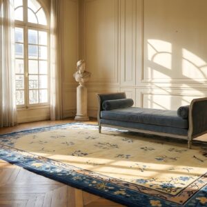 Antique Wool Blue Ivory Beige Cream White Hand Knotted Pile Rug (SKU 24605) - room view