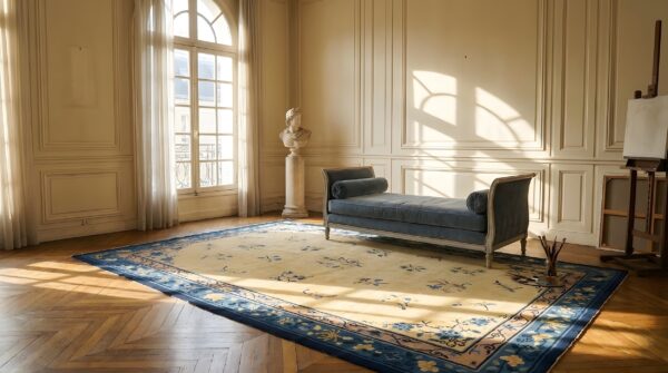 Antique wool blue ivory beige cream white hand knotted pile rug 9 Antique wool blue ivory beige cream white hand knotted pile rug (sku 24605) - room view