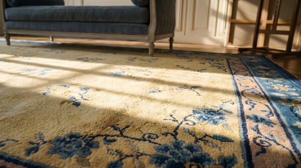 Antique wool blue ivory beige cream white hand knotted pile rug 10 Antique wool blue ivory beige cream white hand knotted pile rug (sku 24605) - in-room detail