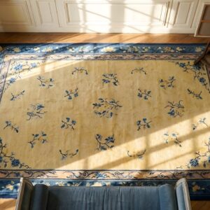 Antique Wool Blue Ivory Beige Cream White Hand Knotted Pile Rug (SKU 24605) - styled overhead view