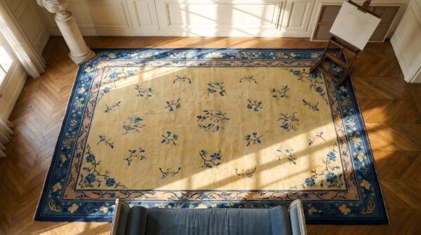 Antique wool blue ivory beige cream white hand knotted pile rug 2 Antique wool blue ivory beige cream white hand knotted pile rug (sku 24605) - styled overhead view