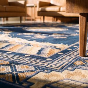 Hand Knotted Pile Wool Antique Blue Ivory Beige Cream White Rectangle 1920s Rug (SKU 24675) - in-room detail