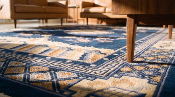 Hand knotted pile wool antique blue ivory beige cream white rectangle 1920s rug 10 Hand knotted pile wool antique blue ivory beige cream white rectangle 1920s rug (sku 24675) - in-room detail