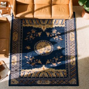 Hand Knotted Pile Wool Antique Blue Ivory Beige Cream White Rectangle 1920s Rug (SKU 24675) - styled overhead view