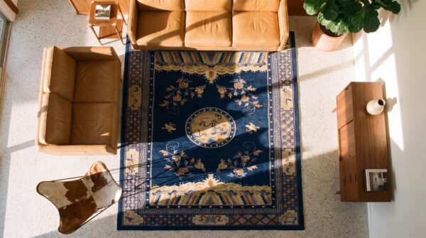 Hand knotted pile wool antique blue ivory beige cream white rectangle 1920s rug 2 Hand knotted pile wool antique blue ivory beige cream white rectangle 1920s rug (sku 24675) - styled overhead view