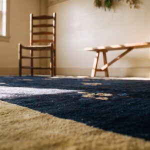 Antique Blue Ivory Beige Cream White Rectangle 1920s Hand Knotted Pile Wool Rug (SKU 24682) - in-room detail