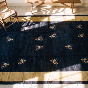 Antique Blue Ivory Beige Cream White Rectangle 1920s Hand Knotted Pile Wool Rug (SKU 24682) - styled overhead view