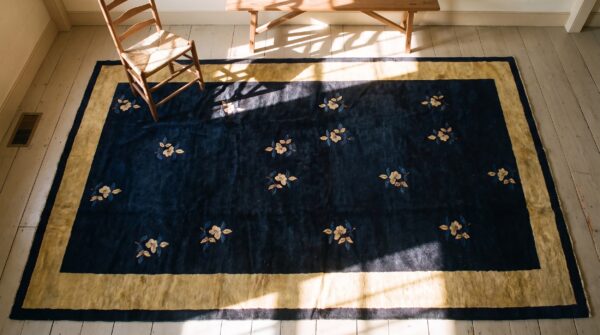 Antique blue ivory beige cream white rectangle 1920s hand knotted pile wool rug 2 Antique blue ivory beige cream white rectangle 1920s hand knotted pile wool rug (sku 24682) - styled overhead view