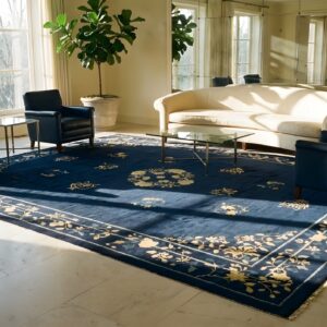 Hand Knotted Pile Blue Ivory Beige Cream White Rectangle 1920s Wool Antique Rug (SKU 24714) - room view