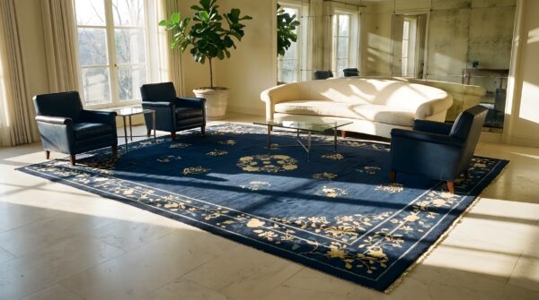 Hand knotted pile blue ivory beige cream white rectangle 1920s wool antique rug 9 Hand knotted pile blue ivory beige cream white rectangle 1920s wool antique rug (sku 24714) - room view