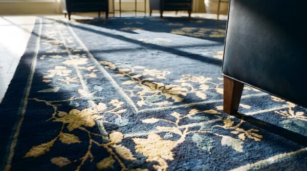 Hand knotted pile blue ivory beige cream white rectangle 1920s wool antique rug 10 Hand knotted pile blue ivory beige cream white rectangle 1920s wool antique rug (sku 24714) - in-room detail