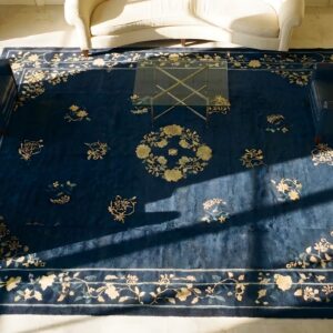 Hand Knotted Pile Blue Ivory Beige Cream White Rectangle 1920s Wool Antique Rug (SKU 24714) - styled overhead view