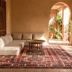Blue , Ivory Beige Cream White , Red Late 19th Century Tribal Geometric Antique Key Hole Design Caucasian Kazak Rug - Blue, Ivory Beige Cream White, Red (SKU 24513) - room view