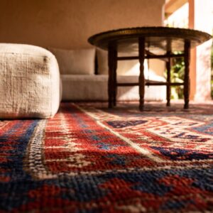 Blue , Ivory Beige Cream White , Red Late 19th Century Tribal Geometric Antique Key Hole Design Caucasian Kazak Rug - Blue, Ivory Beige Cream White, Red (SKU 24513) - in-room detail