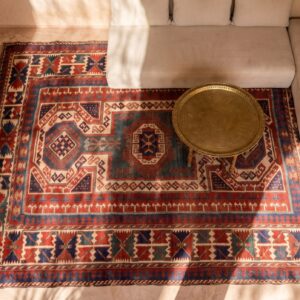 Blue , Ivory Beige Cream White , Red Late 19th Century Tribal Geometric Antique Key Hole Design Caucasian Kazak Rug - Blue, Ivory Beige Cream White, Red (SKU 24513) - styled overhead view