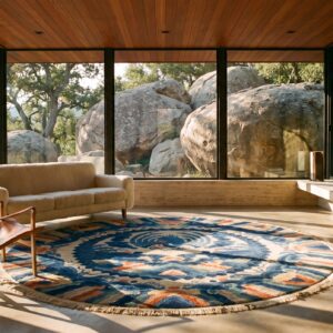 Blue , Ivory Beige Cream White , Yellow Antique Chinese Round Blue Ivory Beige Cream White Yellow Knotted Wool Rug - 1900s Peking Small Scatter Size (SKU 23392) - room view