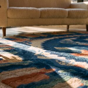 Blue , Ivory Beige Cream White , Yellow Antique Chinese Round Blue Ivory Beige Cream White Yellow Knotted Wool Rug - 1900s Peking Small Scatter Size (SKU 23392) - in-room detail
