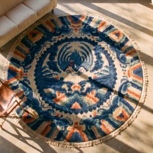 Blue , Ivory Beige Cream White , Yellow Antique Chinese Round Blue Ivory Beige Cream White Yellow Knotted Wool Rug - 1900s Peking Small Scatter Size (SKU 23392) - styled overhead view