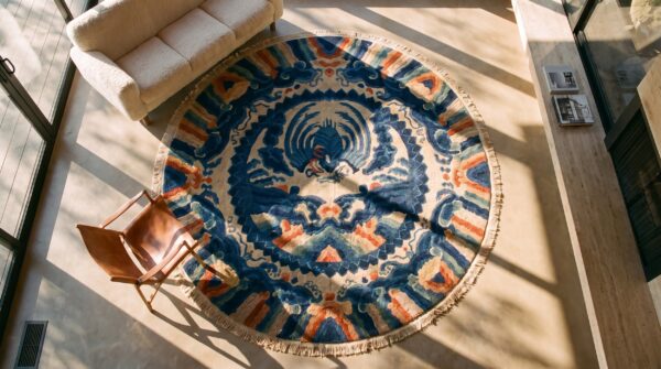 Blue , ivory beige cream white , yellow antique chinese round blue ivory beige cream white yellow knotted wool rug - 1900s peking small scatter size 2 Blue , ivory beige cream white , yellow antique chinese round blue ivory beige cream white yellow knotted wool rug - 1900s peking small scatter size (sku 23392) - styled overhead view