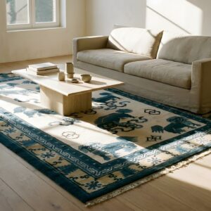 Antique Blue and Ivory Chinese Ningxia Small Foo Dog Rug (SKU 25165) - room view