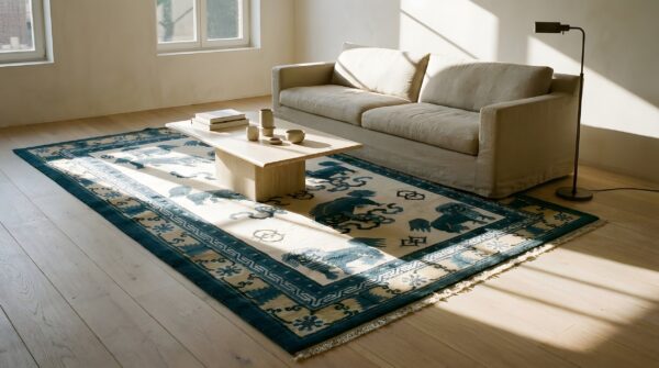 Antique blue and ivory chinese ningxia small foo dog rug 9 Antique blue and ivory chinese ningxia small foo dog rug (sku 25165) - room view