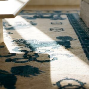 Antique Blue and Ivory Chinese Ningxia Small Foo Dog Rug (SKU 25165) - in-room detail
