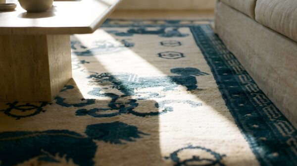 Antique blue and ivory chinese ningxia small foo dog rug 10 Antique blue and ivory chinese ningxia small foo dog rug (sku 25165) - in-room detail
