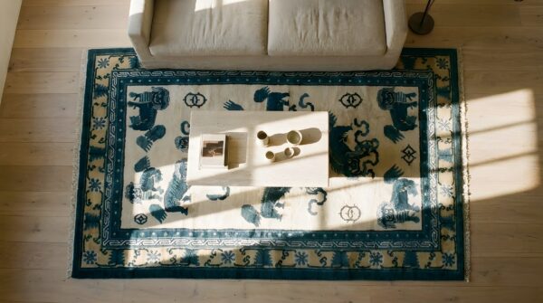 Antique blue and ivory chinese ningxia small foo dog rug 2 Antique blue and ivory chinese ningxia small foo dog rug (sku 25165) - styled overhead view